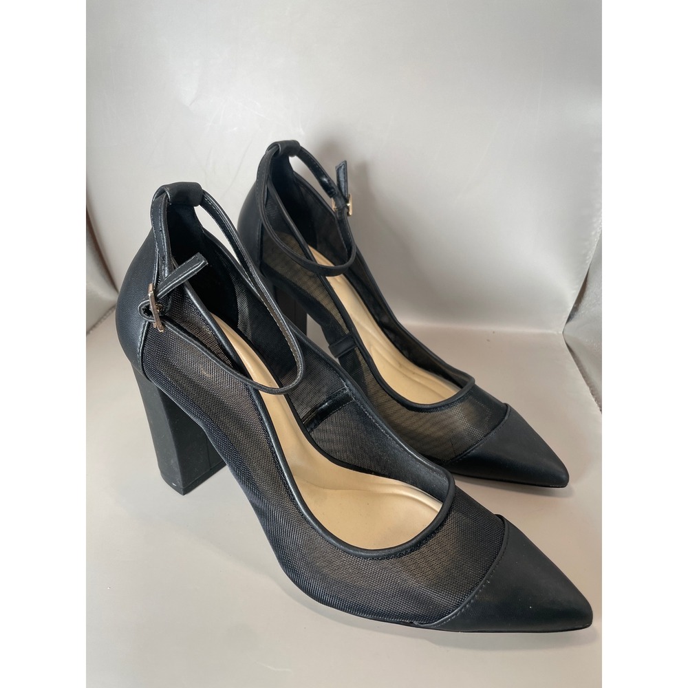 Jessica Simpson Black Mesh Pointed Toe Block Heel Ankle Strap Pumps Size 7M - Picture 2 of 6